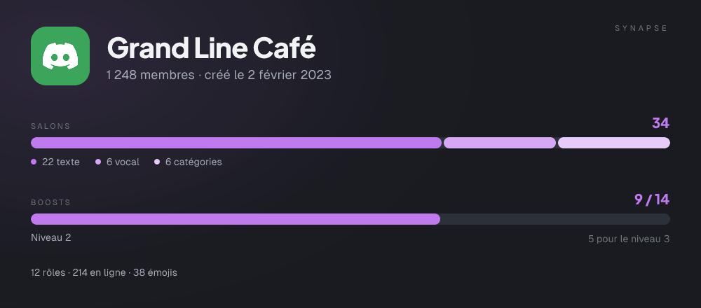 Carte /serverinfo : le nom du serveur, la répartition de ses salons et sa jauge de boosts.